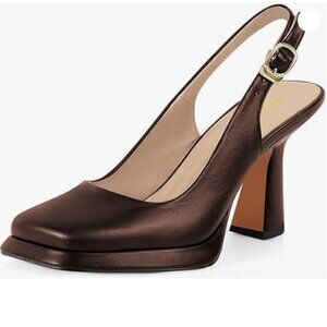 FOWT Women Platform Closed Square Toe Pumps Block High Heels Slingbacks Brown